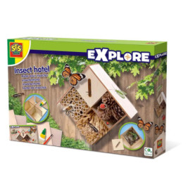 SES Explore Insektenhotel-Set mit Holzhotel, Schmetterlingen und Naturmotiven auf der Verpackung.