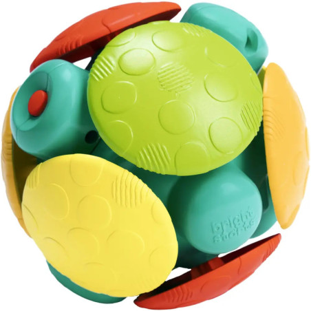 Bunter Spielball mit grünen, gelben und roten Segmenten sowie einer genoppten Oberfläche.