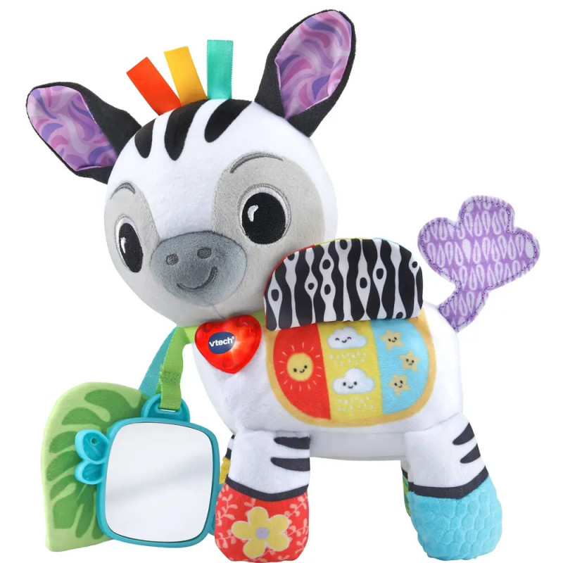 Plüsch-Zebra mit bunten Beinen, Bandmähne, gemusterten Flügeln und spiegelndem Blätter-Anhänger. Plüsch-Zebra mit bunten Beinen, Bandmähne, gemusterten Flügeln und spiegelndem Blätter-Anhänger.