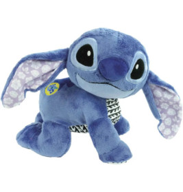 Ein blauer Stitch-Plüsch mit großen Ohren, breiten Augen und gemustertem Bauch sitzt vor weißem Hintergrund.