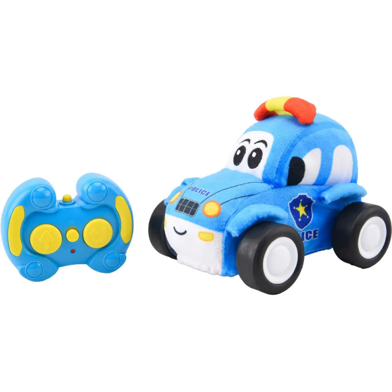Blaues Plüsch-Polizeiauto mit lachendem Gesicht und passender blau-gelber Fernbedienung daneben.