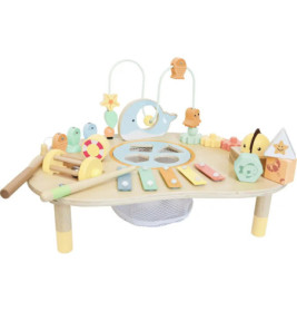 Holz-Spieltisch für Kinder mit Xylophon, Kugelbahn, bunten Formen und Tierfiguren.