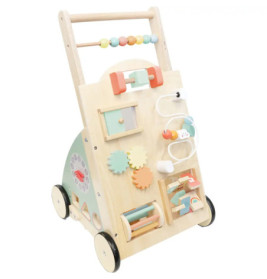 Holz-Babywalker mit buntem Spielzeug, Zahnrädern und Perlen an Vorderseite und Seiten.
