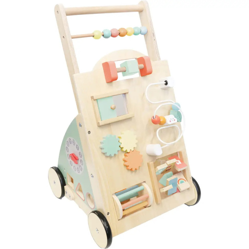 Holz-Babywalker mit buntem Spielzeug, Zahnrädern und Perlen an Vorderseite und Seiten.