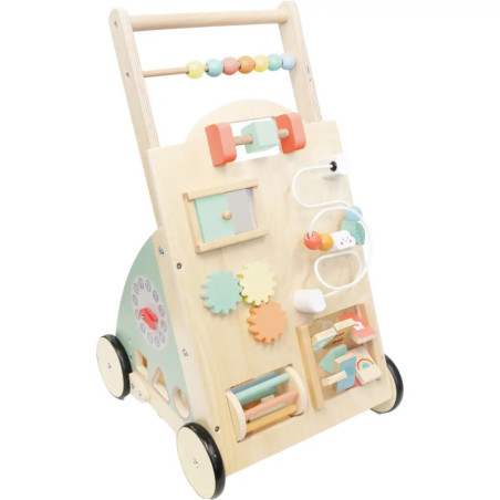 Holz-Babywalker mit buntem Spielzeug, Zahnrädern und Perlen an Vorderseite und Seiten.