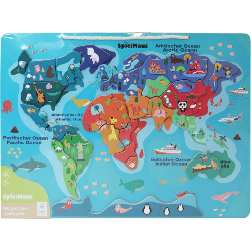 Bunte Weltkarte für Kinder mit Tieren auf jedem Kontinent und beschrifteten Ozeanen.