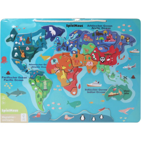 Bunte Weltkarte für Kinder mit Tieren auf jedem Kontinent und beschrifteten Ozeanen.