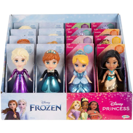 Box mit Frozen- und Disney-Prinzessinnen-Puppen: Elsa, Anna, Cinderella und Jasmin.