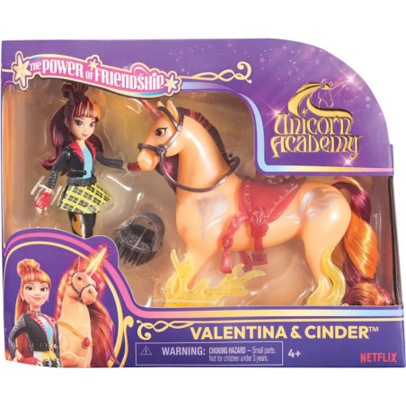 Unicorn Academy Valentina & Cinder Puppen-Set in lila-gelber Verpackung.