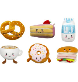 Sechs Plüschfiguren mit niedlichen Gesichtern: Brezel, Kuchen, Milch, Kaffee, Donut und Burger.