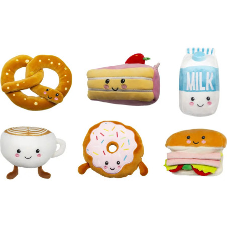 Sechs Plüschfiguren mit niedlichen Gesichtern: Brezel, Kuchen, Milch, Kaffee, Donut und Burger.