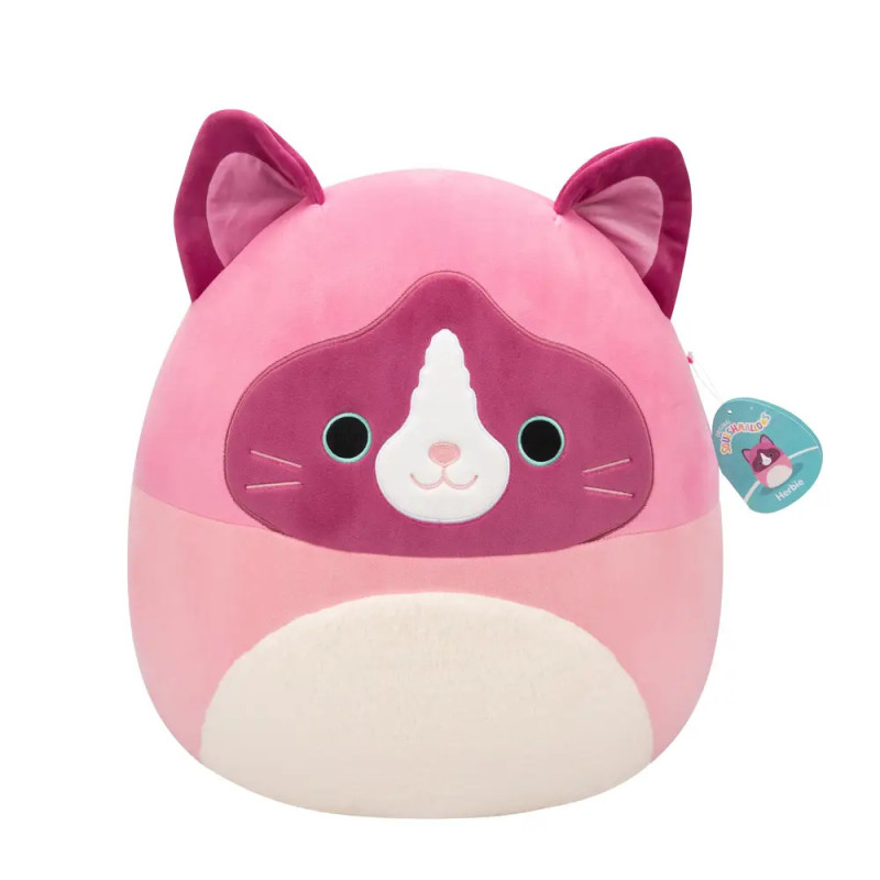 Rosa Plüschkatze Squishmallow mit rundem Körper, weißem Bauch und dunkelrosa Gesichtsfläche. Rosa Plüschkatze Squishmallow mit rundem Körper, weißem Bauch und dunkelrosa Gesichtsfläche.