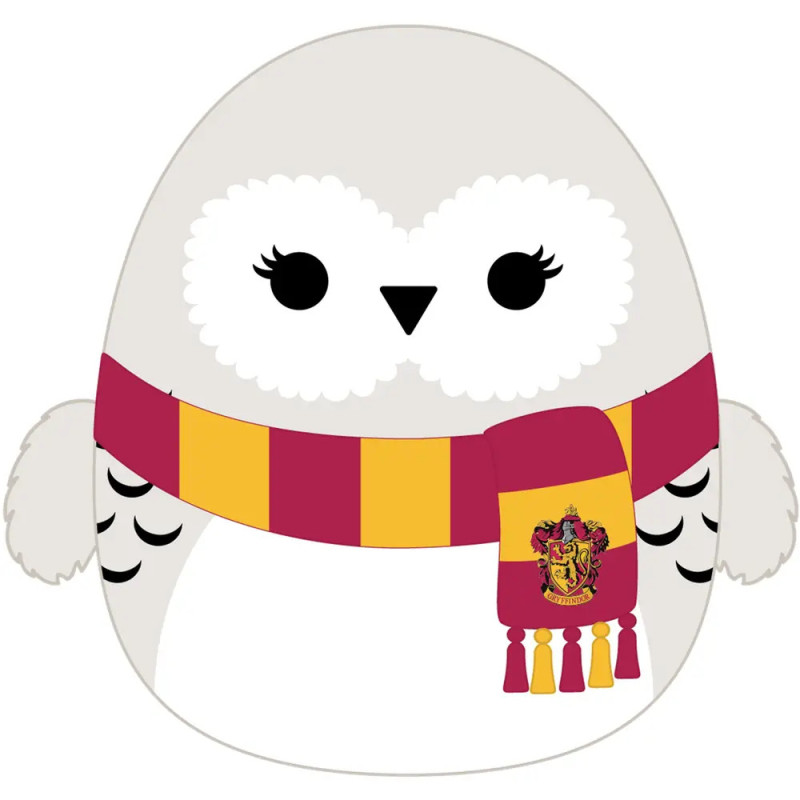 Weiße Eule als Cartoon mit rot-gelbem Schal und Gryffindor-Wappen aus Harry Potter. Weiße Eule als Cartoon mit rot-gelbem Schal und Gryffindor-Wappen aus Harry Potter.