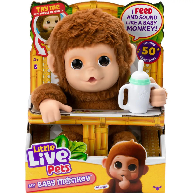 Ein Plüsch-Äffchen mit Fläschchen in einer Little Live Pets My Baby Monkey Verpackung.