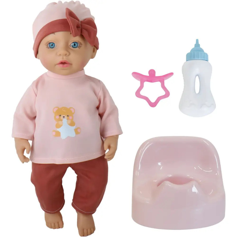 Babypuppe mit rosa Outfit, Mütze sowie Zubehör: Töpfchen, Flasche und Schnuller. Babypuppe mit rosa Outfit, Mütze sowie Zubehör: Töpfchen, Flasche und Schnuller.
