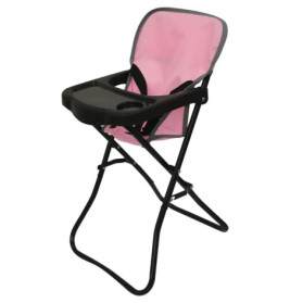 Zusammenklappbarer Hochstuhl in Pink und Schwarz mit Tablett und Sicherheitsgurten.