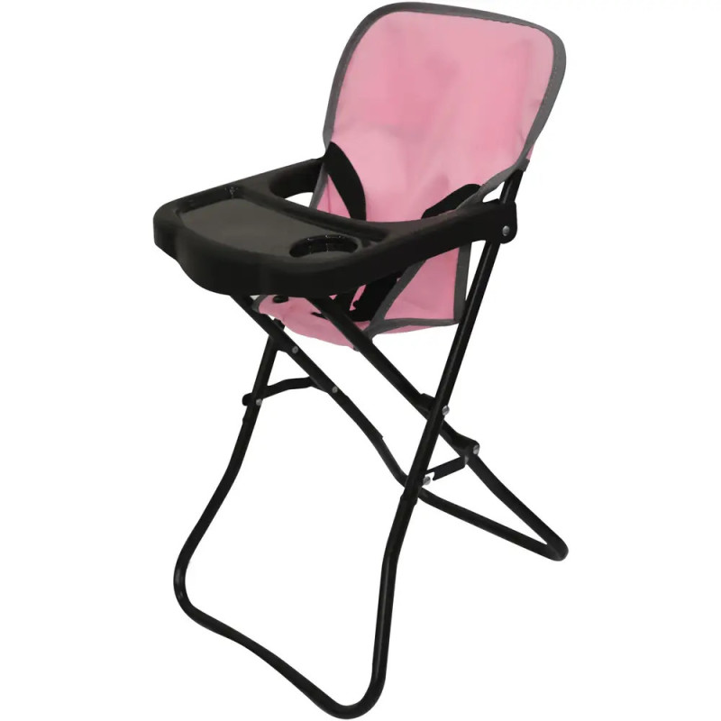 Zusammenklappbarer Hochstuhl in Pink und Schwarz mit Tablett und Sicherheitsgurten. Zusammenklappbarer Hochstuhl in Pink und Schwarz mit Tablett und Sicherheitsgurten.
