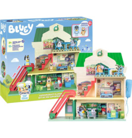 Bluey Supermarkt-Spielset mit Mini-Figuren, zwei Etagen, roten Rutschen und buntem Zubehör vor der Box.