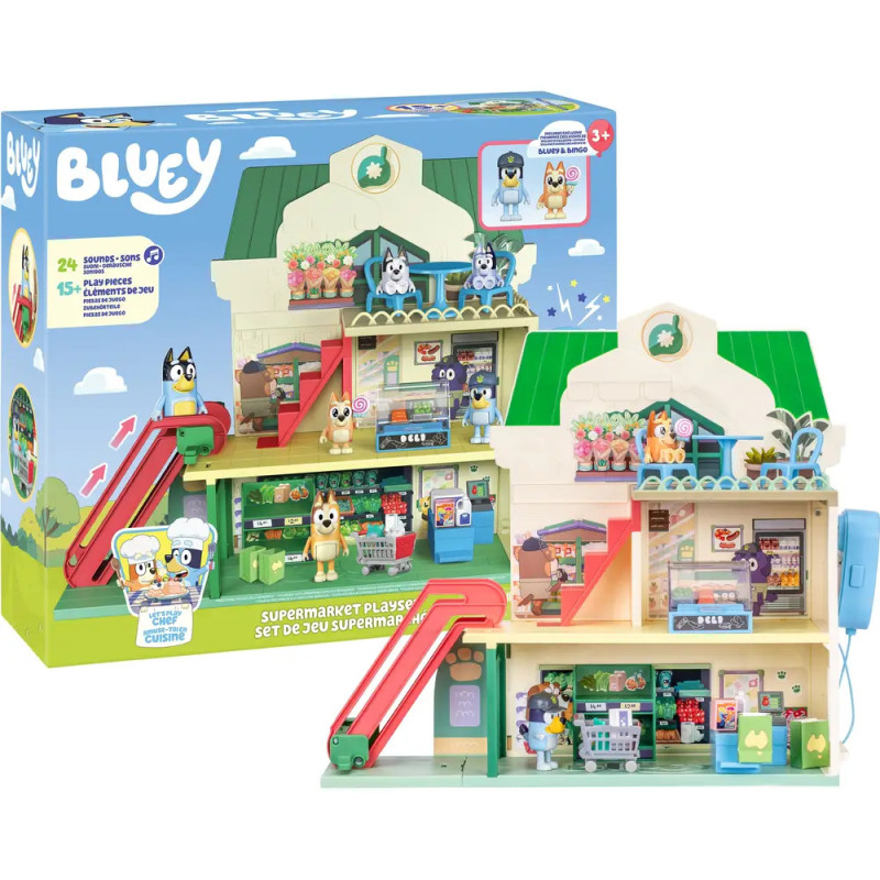 Bluey Supermarkt-Spielset mit Mini-Figuren, zwei Etagen, roten Rutschen und buntem Zubehör vor der Box. Bluey Supermarkt-Spielset mit Mini-Figuren, zwei Etagen, roten Rutschen und buntem Zubehör vor der Box.