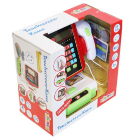 Spielzeug-Kassen-Set mit Touchscreen, Scanner und Spielgeld in bunter Box für Kinder ab 3 Jahren.