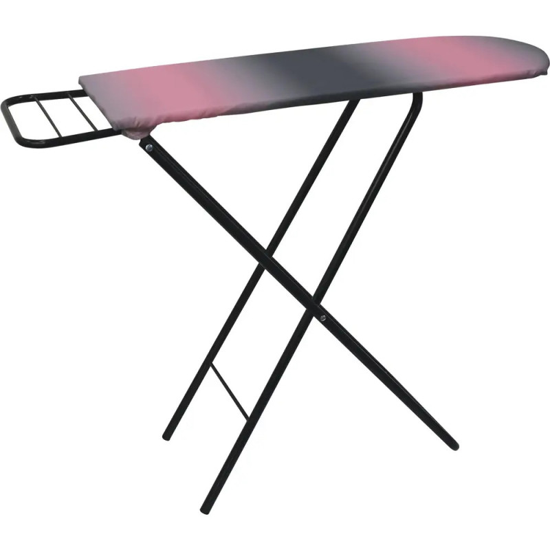 Klappbares Bügelbrett mit rosa-schwarz verlaufendem Bezug und seitlicher Metallablage für das Bügeleisen. Klappbares Bügelbrett mit rosa-schwarz verlaufendem Bezug und seitlicher Metallablage für das Bügeleisen.