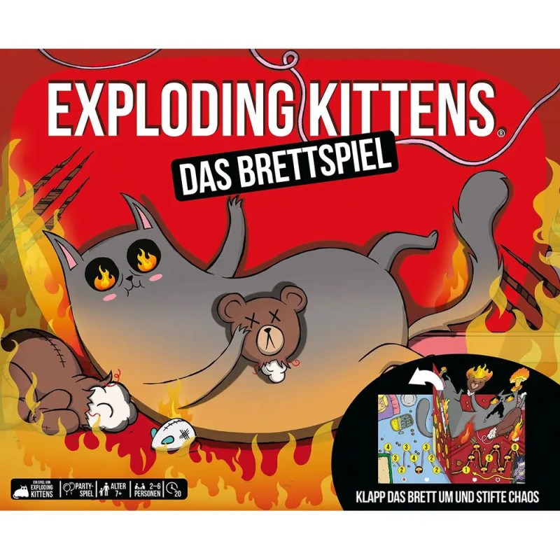 Eine Cartoon-Katze und ein Teddy liegen in Flammen auf der deutschen Exploding Kittens Box.