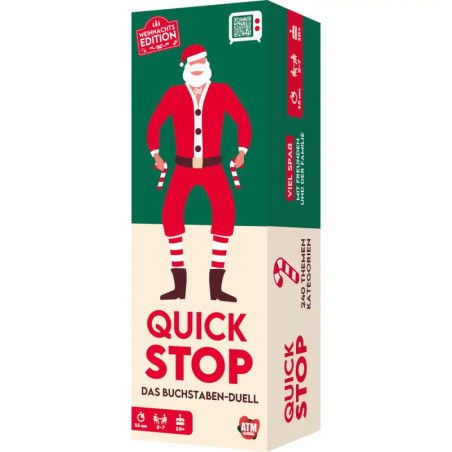 Spielschachtel Quick Stop mit gezeichnetem Weihnachtsmann in Rot und Weiß auf der Vorderseite.