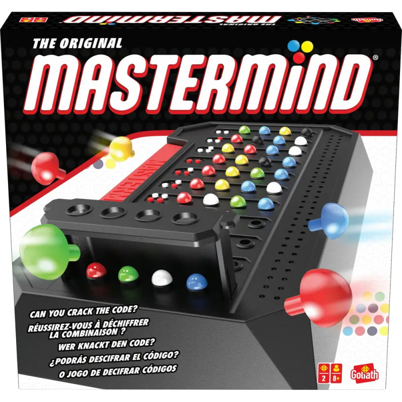 Mastermind-Spielschachtel mit bunten Stiften und dem Slogan Can you crack the code? in mehreren Sprachen. Mastermind-Spielschachtel mit bunten Stiften und dem Slogan Can you crack the code? in mehreren Sprachen.