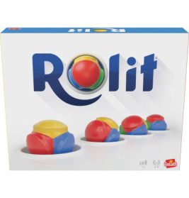 Rolit-Spieleschachtel mit bunten Kugeln in Rot, Gelb, Blau und Grün auf dem Cover.