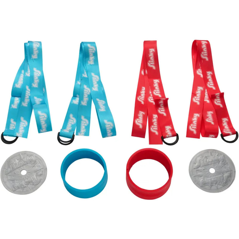 Vier Schlüsselbänder, je zwei blau und rot, mit passenden Scheiben und Armbändern darunter.