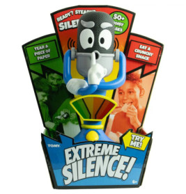 Spielzeugmikrofon mit Comicaugen und Armen in bunter Extreme Silence!-Verpackung für Sound-Challenges.