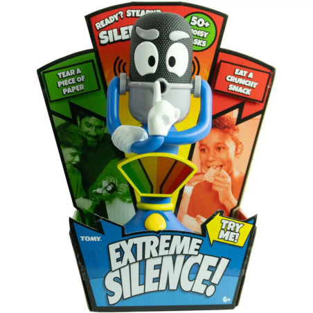 Spielzeugmikrofon mit Comicaugen und Armen in bunter Extreme Silence!-Verpackung für Sound-Challenges.