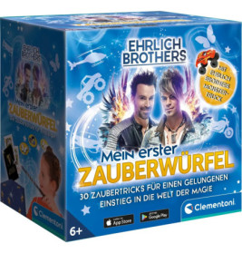 Blaue Zauberkasten-Box mit Ehrlich Brothers, Glitzereffekten und Schriftzug Mein erster Zauberwürfel, ab 6 Jahren.