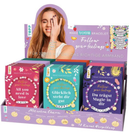 Farbige Armband-Sets, lächelnde Frau und deutscher Text zu passenden Armbändern für Gefühle.
