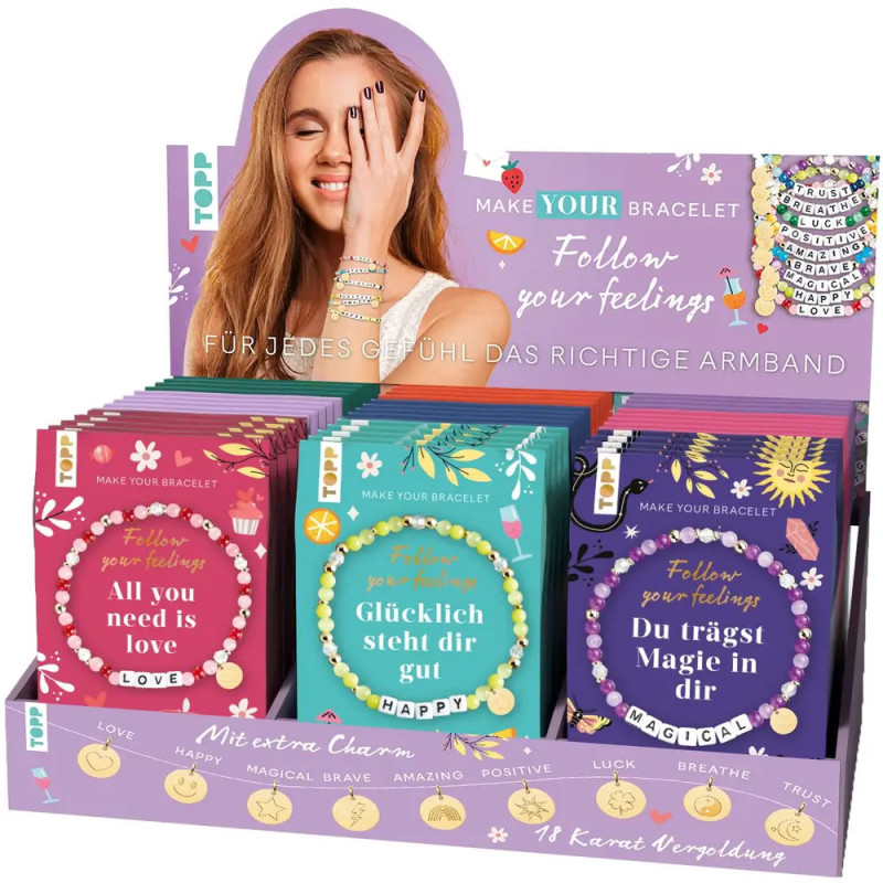 Farbige Armband-Sets, lächelnde Frau und deutscher Text zu passenden Armbändern für Gefühle.