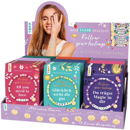 Farbige Armband-Sets, lächelnde Frau und deutscher Text zu passenden Armbändern für Gefühle.