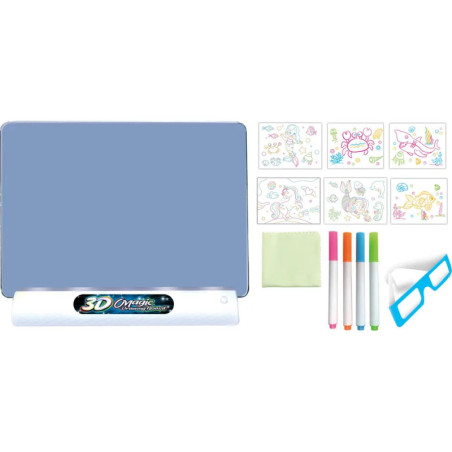 3D-Zeichenbrett-Set mit Schablonen, Markern, Reinigungstuch und blauer 3D-Brille.