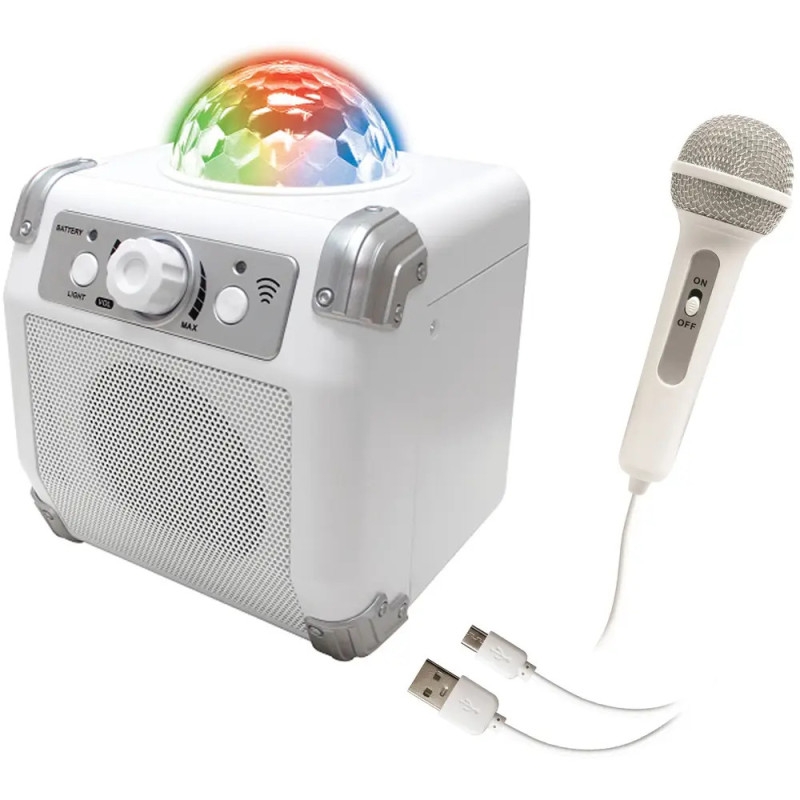 Weiße Karaokeanlage mit buntem Lichtdom, kabelgebundenem Mikrofon und USB-Ladekabel. Weiße Karaokeanlage mit buntem Lichtdom, kabelgebundenem Mikrofon und USB-Ladekabel.