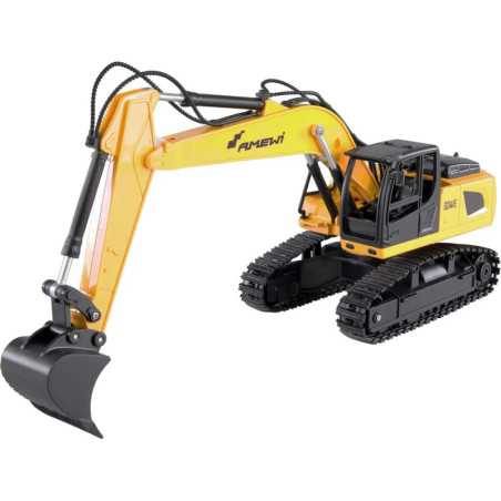 Gelber Spielzeugbagger mit schwarzen Ketten und großem Arm, schräg von der Seite betrachtet.