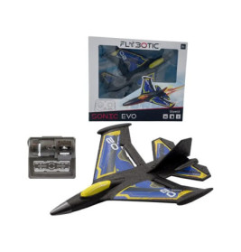 Ferngesteuertes Jet-Spielzeug in Schwarz-Blau mit Controller und Verpackung Sonic EVO/Flybotic.