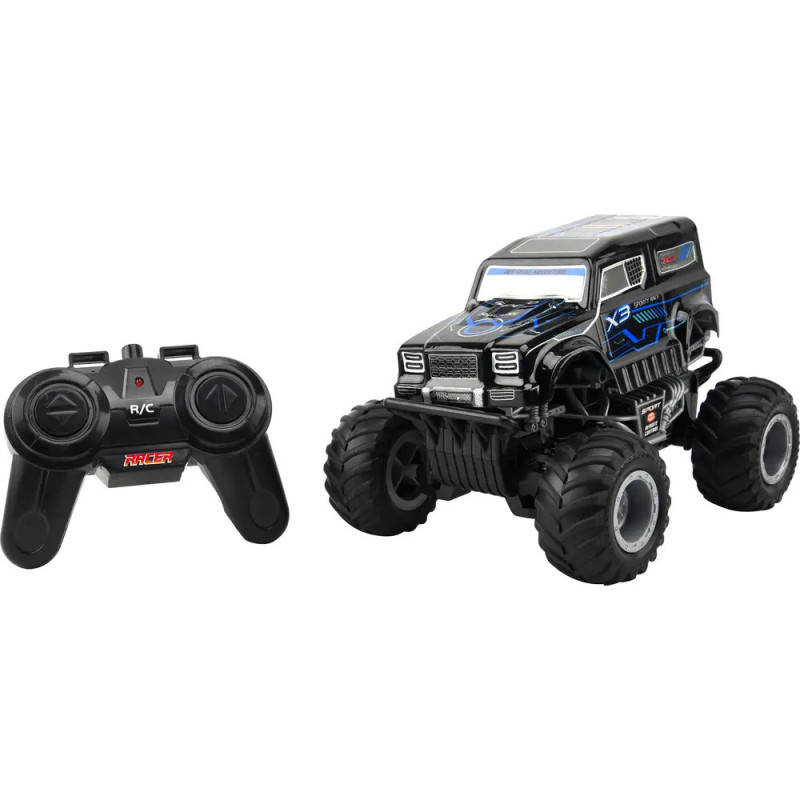 Schwarzer ferngesteuerter Monstertruck mit großen Reifen neben schwarzer Gamepad-Fernbedienung. Schwarzer ferngesteuerter Monstertruck mit großen Reifen neben schwarzer Gamepad-Fernbedienung.