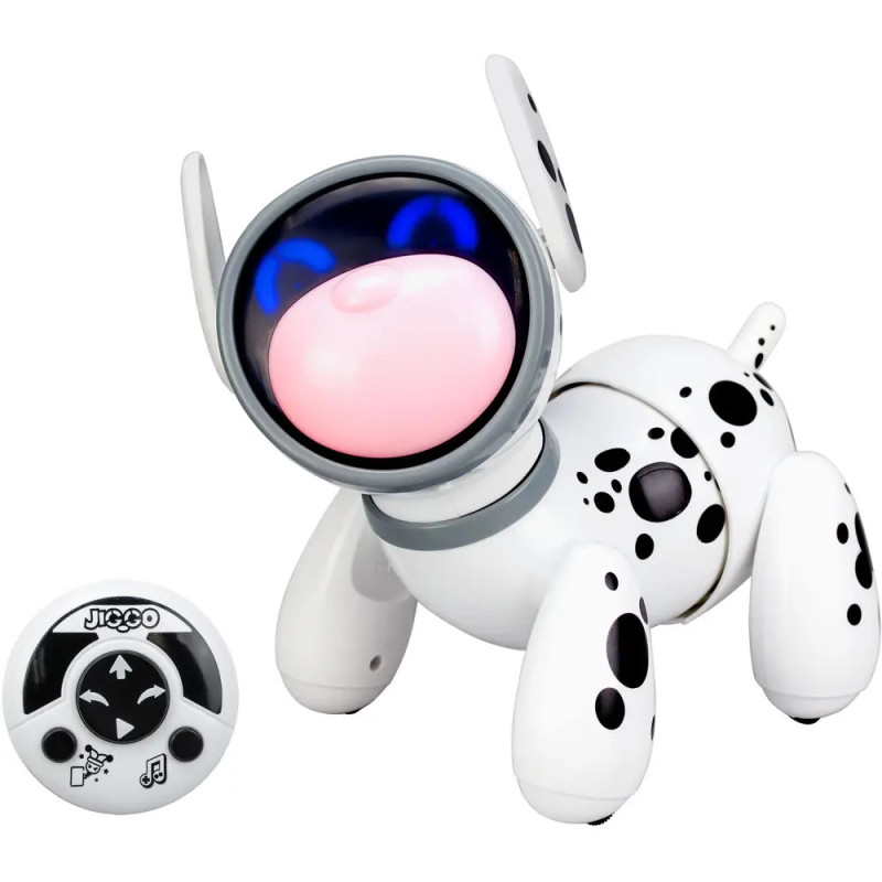 Weißer Roboterhund mit schwarzen Flecken und rosa Nase neben runderem Fernbedienung mit Knöpfen. Weißer Roboterhund mit schwarzen Flecken und rosa Nase neben runderem Fernbedienung mit Knöpfen.