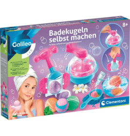 Box eines DIY-Badebomben-Sets für Kinder mit bunten Badebomben, Zubehör und einem lachenden Kind.