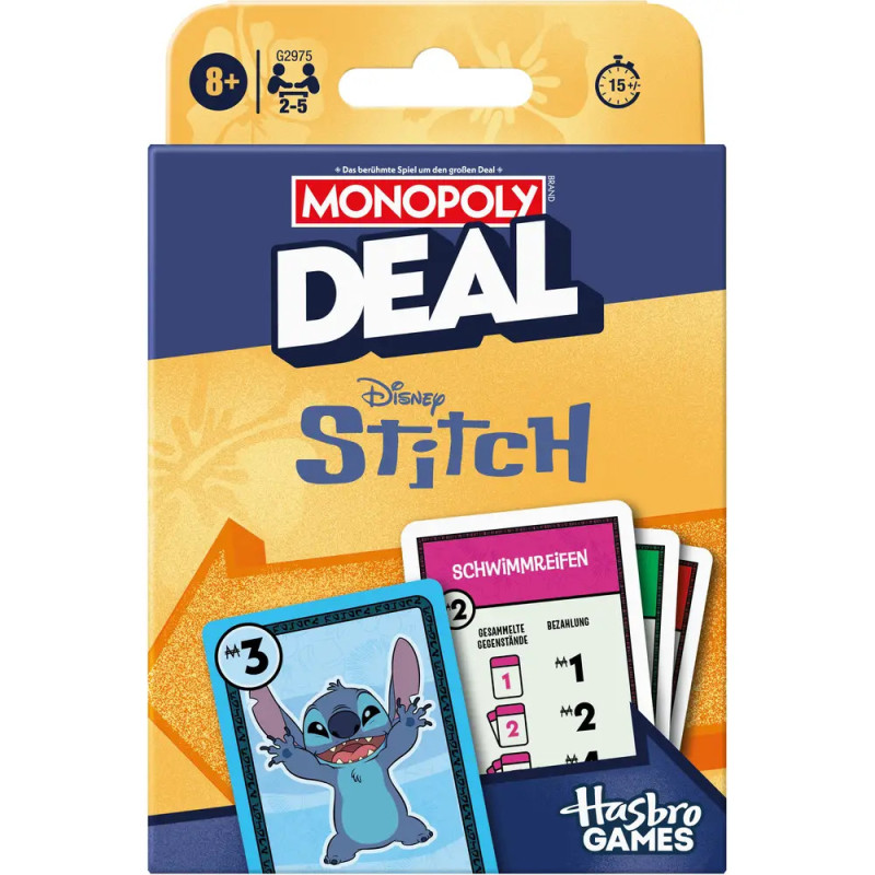 Monopoly Deal Disney Stitch Kartenspiel, Vorderseite mit Stitch-Karte. Für 2-5 Spieler ab 8 Jahren.