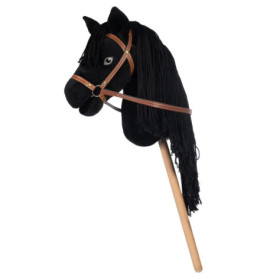 Schwarzes Steckenpferd mit braunem Zaumzeug und langer schwarzer Mähne aus Garn auf Holzstab.