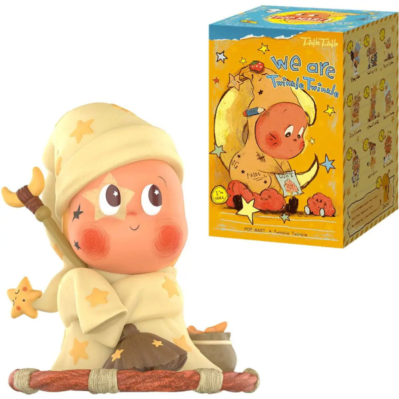 Eine sternenförmige Figur im Schlafanzug sitzt auf einem Besen neben einer bunten Twinkle-Box.