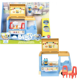 Blueys Food Truck Spielset mit Bluey-Figur, Essensstand und zwei roten Stühlen.