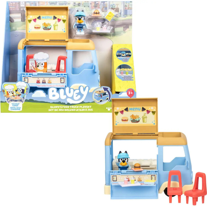 Blueys Food Truck Spielset mit Bluey-Figur, Essensstand und zwei roten Stühlen. Blueys Food Truck Spielset mit Bluey-Figur, Essensstand und zwei roten Stühlen.
