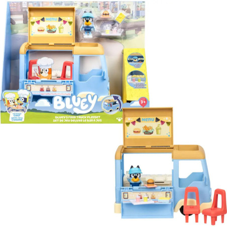 Blueys Food Truck Spielset mit Bluey-Figur, Essensstand und zwei roten Stühlen.