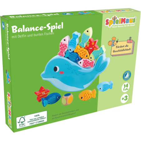Schachtel eines Delfin-Balancespiels für Kinder mit bunten Fischen auf einem blauen Delfin.